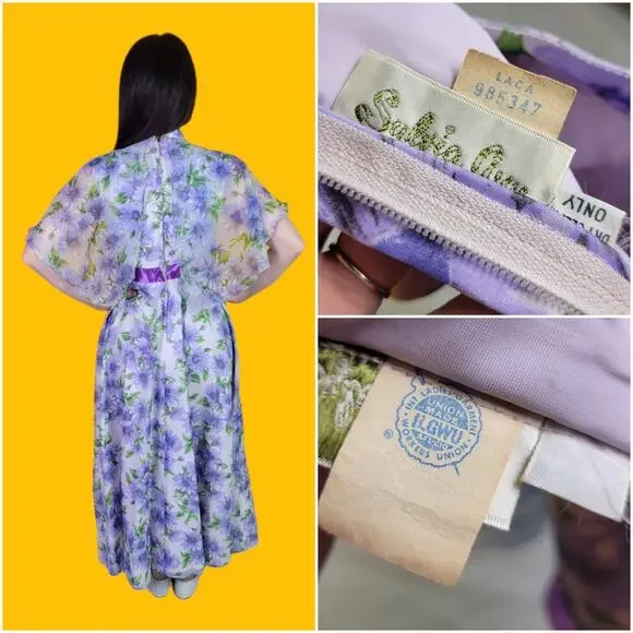 Vintage 60s 70s Purple Floral Chiffon Maxi Dress with Capelet - Picture 4 of 4